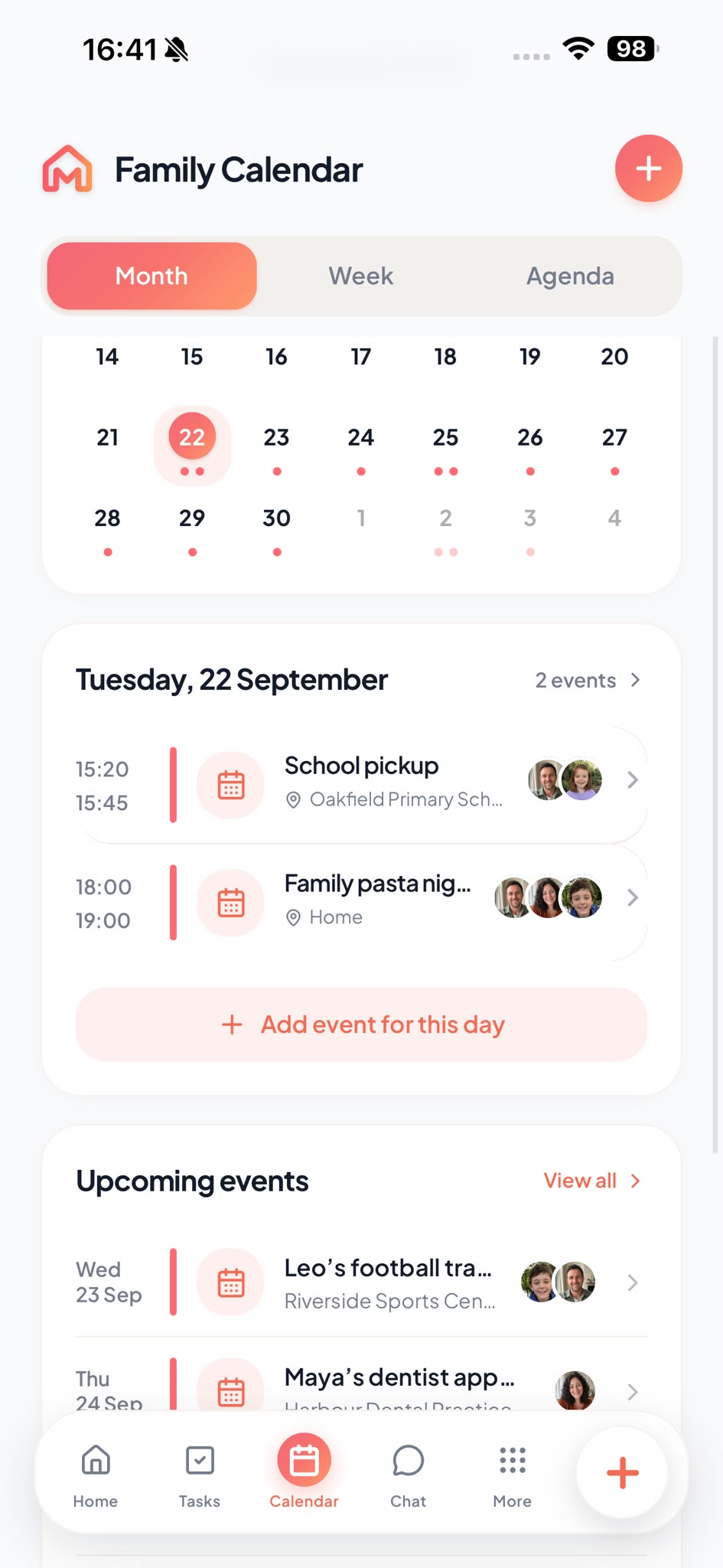 Real Mishli Family Calendar screen showing a month view, selected day's plans and upcoming events